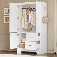 Wardrobe Closet with Mirror and Doors and Drawers and Shelves, Wooden Armoire Storage Cabinet with Hanging Rod for Bedroom 1