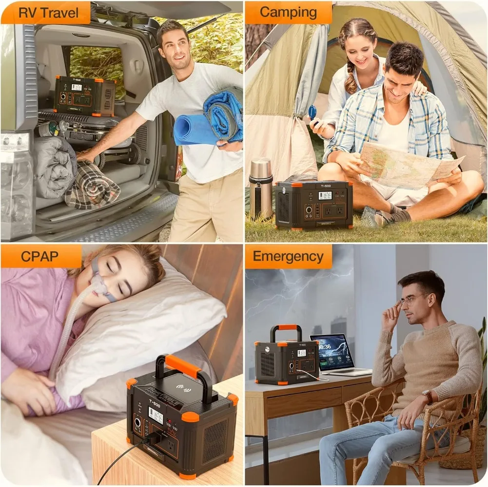 Portable Power Station 500W(Peak 1000W), 519Wh Outdoor Solar Generator Backup Battery Pack with 2 110V AC Outlets, 4
