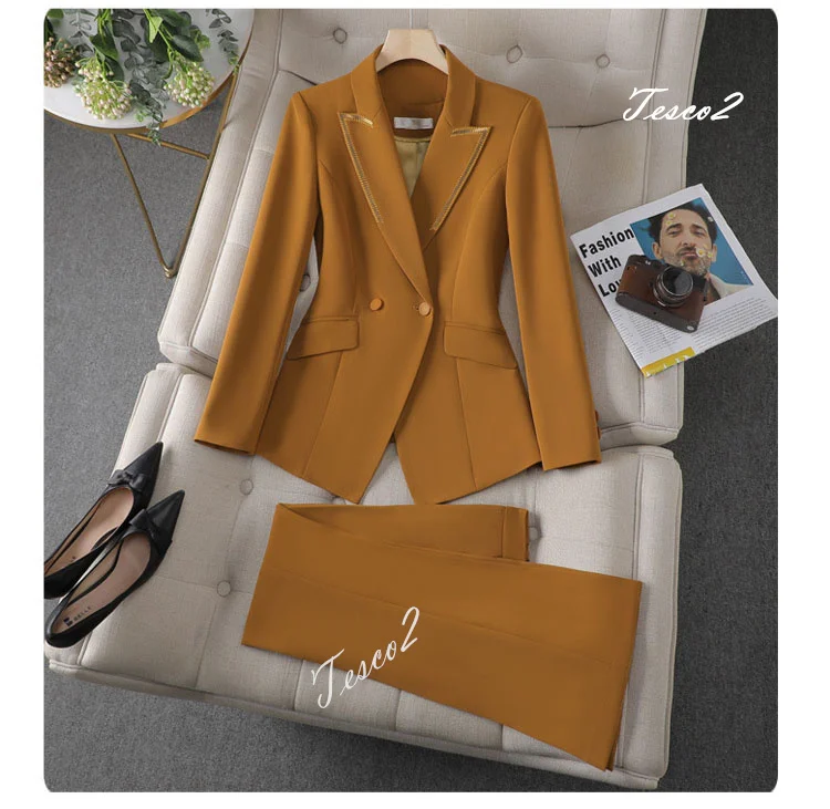 Tesco Women's Fashion Suit 2 Piece Notch Collar With Sequins Blazer+Pants Yellow Black Formal Casual Female Jacket Set For Party