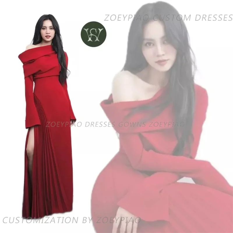 2024 Robe De Soiree Red Mermaid Evening Dresses Gowns Full Sleeves Side Slit Matte Satin Vestidos Para Fiesta De Día Y Noche