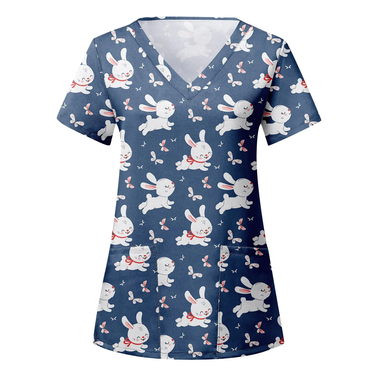 

Easter Scrubs Tops Nurse Uniform Women Cute Rabbit Print Short Sleeve Blouse Healthcare Workers Workwear Nursing Uniform Shirt