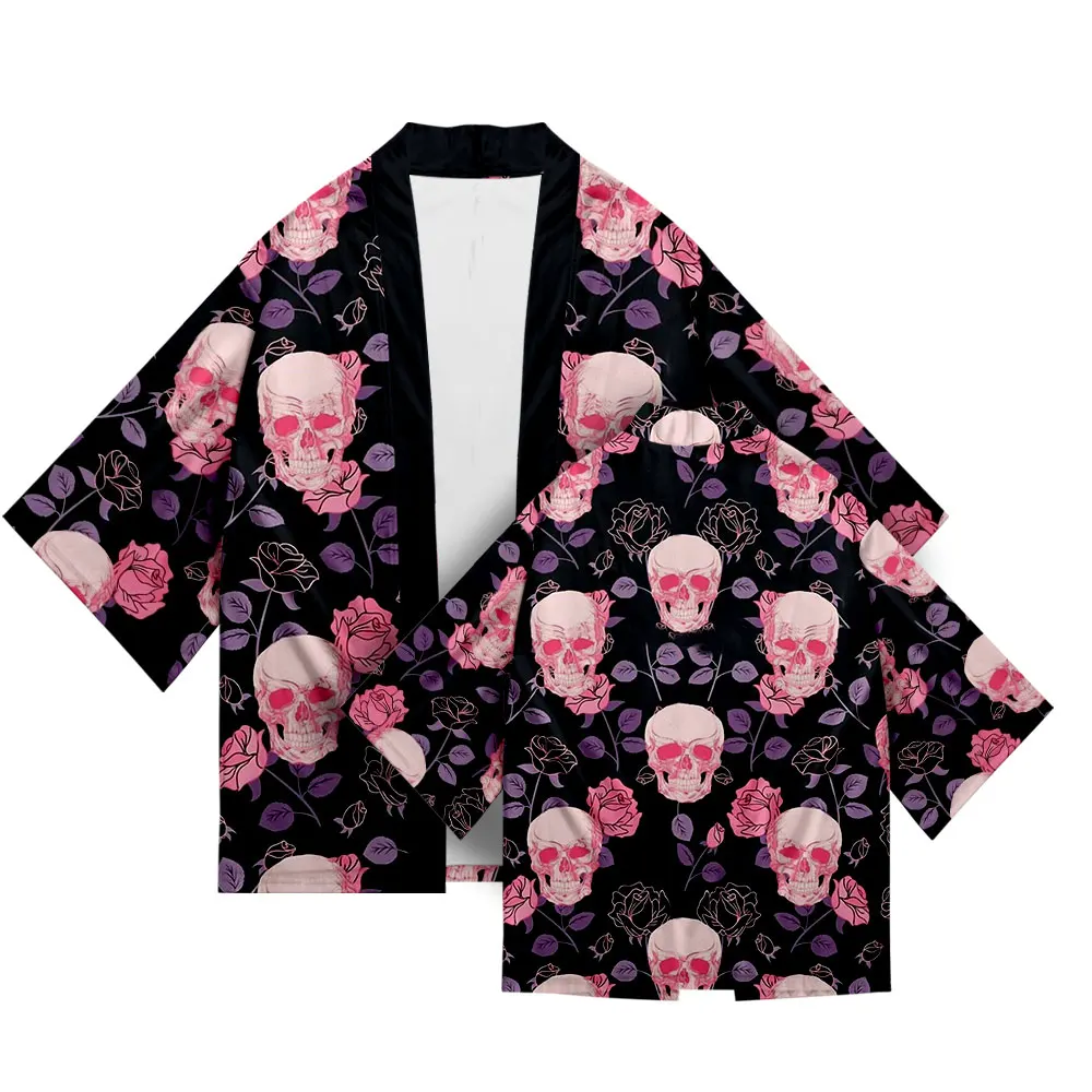 Japanese Kimono Skull Traditional Crane Print Cardigan Asian Clothing Harajuku Samurai Yukata Men's Shirts Hip Hop Streetwear