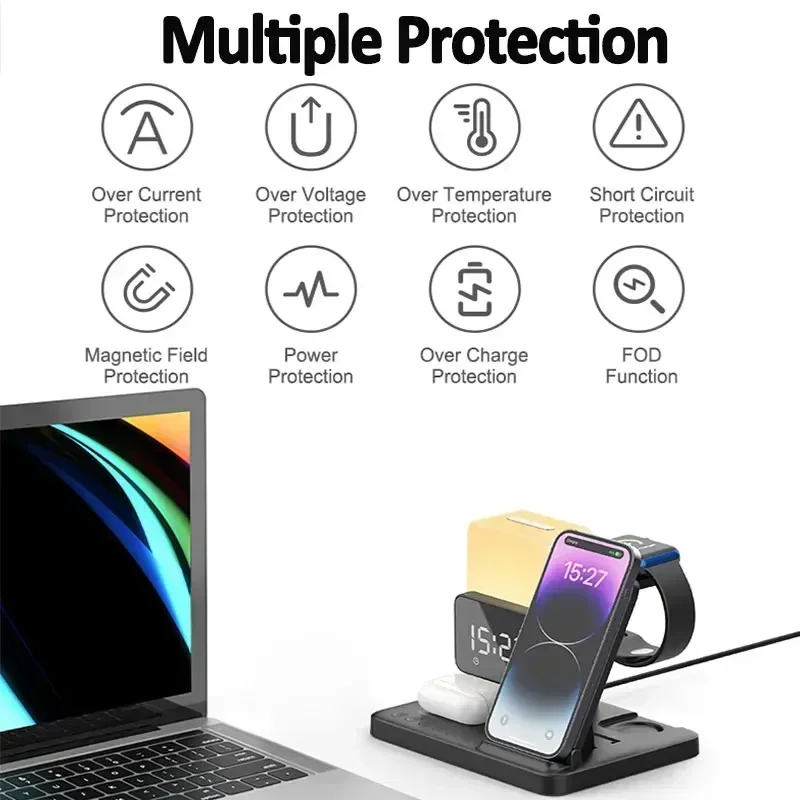 Foldable 6 in 1 Alarm Clock Lamp Wireless Charger Stand  Fast Charging Dock Station for iPhone 15 14 13 12 X Pro Max Airpods Pro