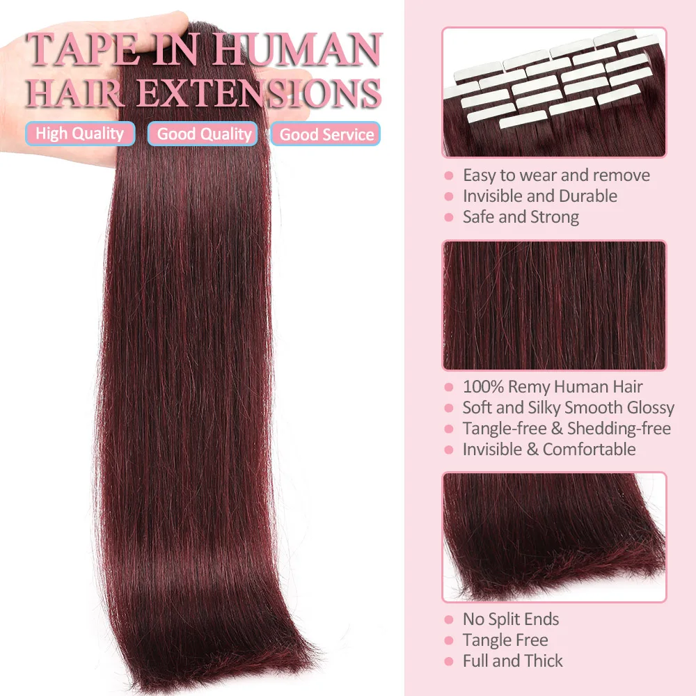 Human Hair Tape in Extensions Natural Color #99J Burgundy PU Skin Weft Straight Seamless Tape In Hair Extensions Human