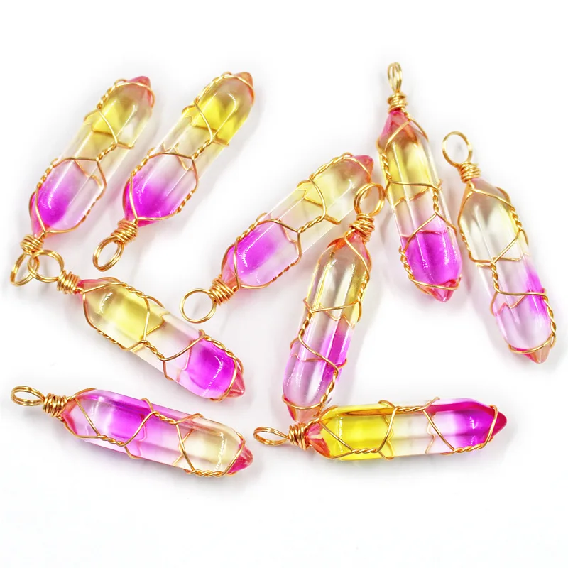 Wire Wrap Colour Grad Glass Crystal Bullet Hexagon Pendants Charms For Diy Earrings Necklace Jewelry Making