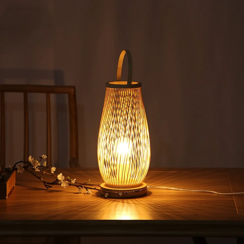 

Handmade Bedroom Bedside Desk Lights Vintage Bamboohandicraft Table Lamps Living Room Decor Warm Bamboo Wood Lamp