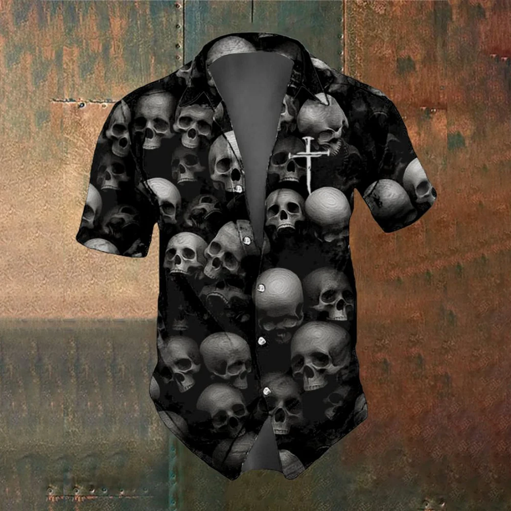Summer Men's Fashion Horror Skull Cross Print Men's Short Sleeved Shirt Street Trend Party Men Oversized T-Shirt Top SIZE S-5XL 2