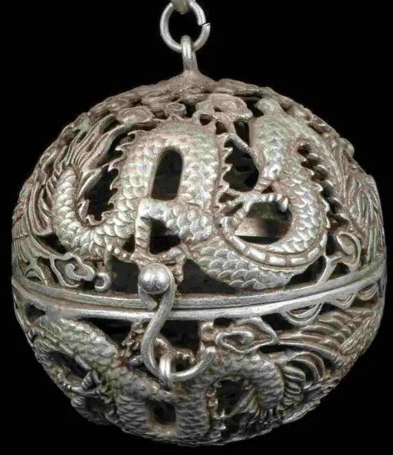 

China Old Copper Tibet Silver Hand Carved Dragon Incense Burner Netsuke Ball