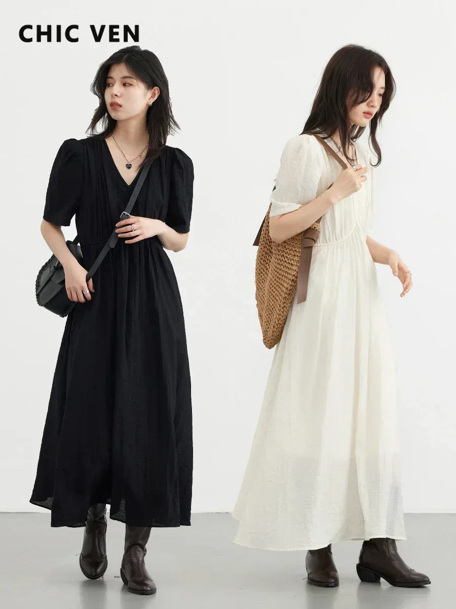 CHIC VEN Women Dresses French Style Vintage V-neck Puff Sleeve Long Dress Solid Black Loose Female Clothing Summer New 2023 2