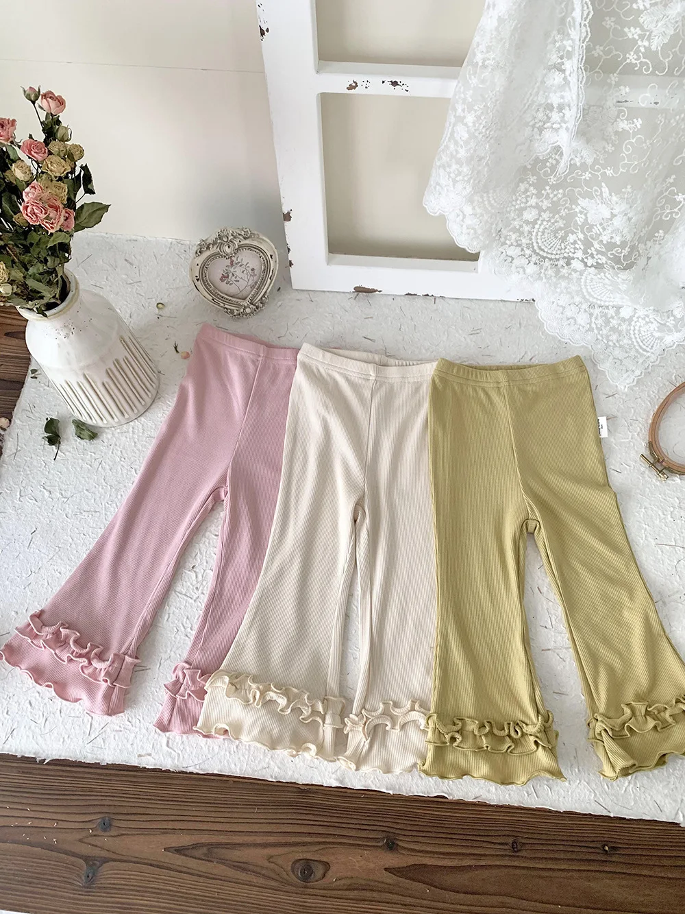 

Jenny&Dave Spring and Summer Female Infant and Child Lotus Leaf Mosquito proof Long Pants Women's Treasure Pit Strips Elastic Kn