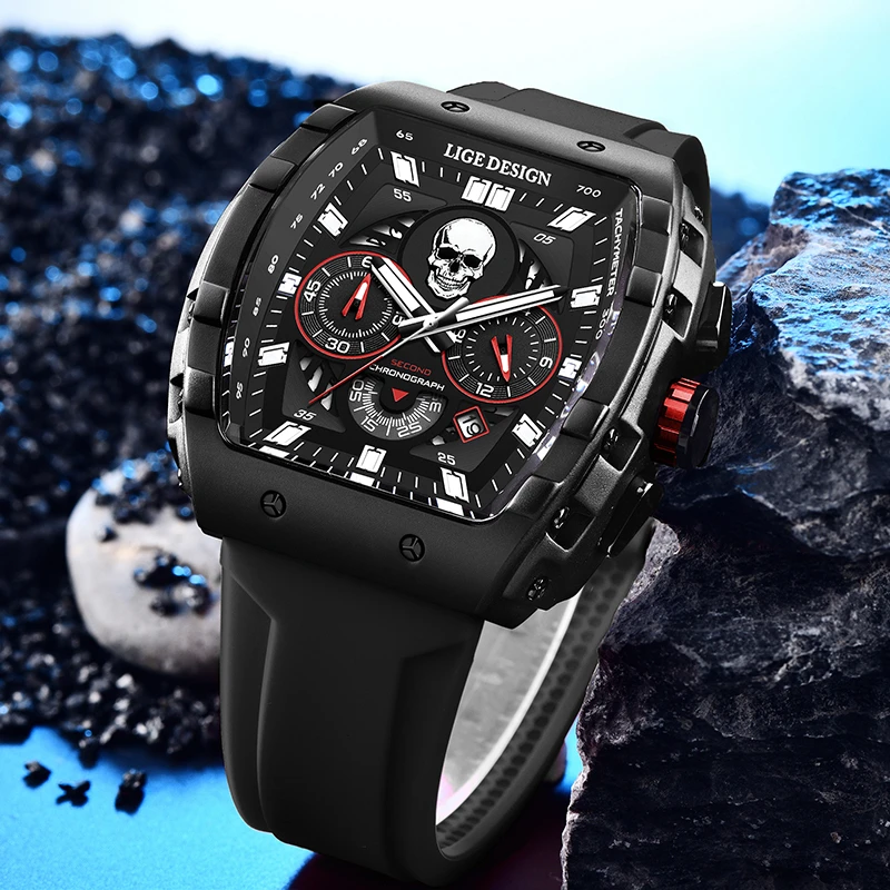 LIGE Fashion Silicone Men's Watches Skeleton Skull Big Dial