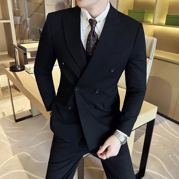 M-6XL Blazer Vest Pants High -end Brand Gray Black Men's Casual Business Double -breasted Suit Groom's Wedding Slim Men's Suit 1