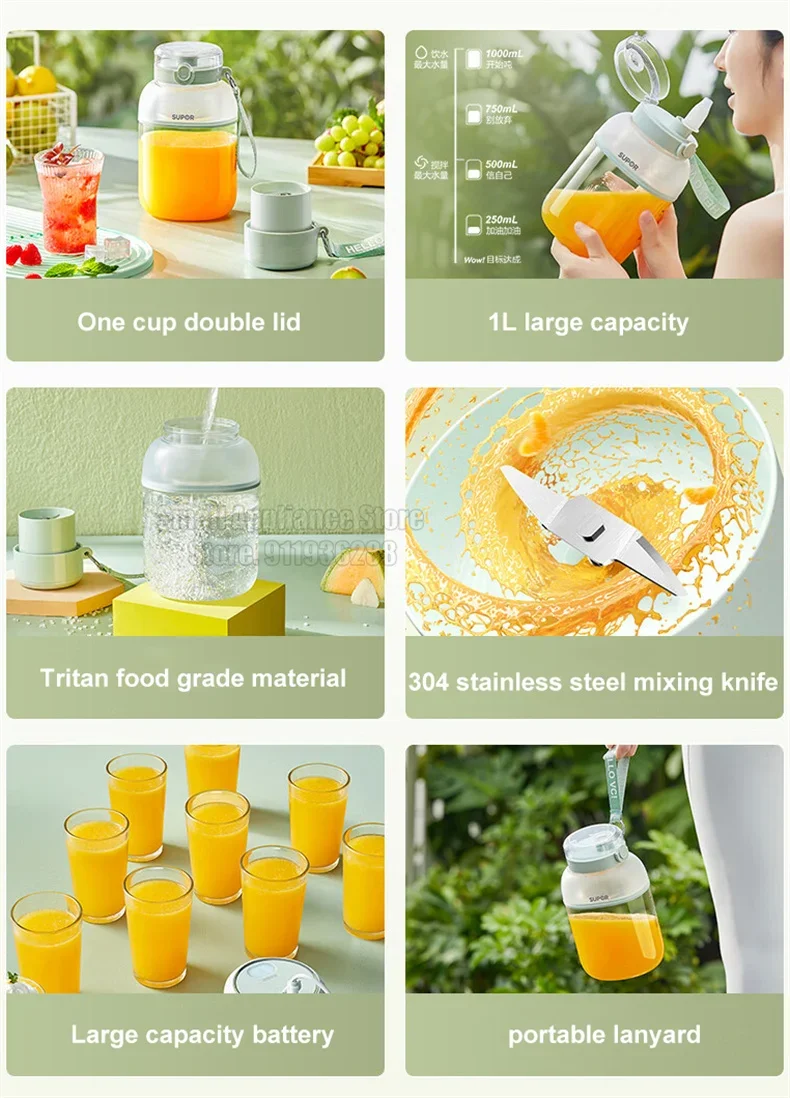 Description Picture 3 of itemSUPOR New Portable Blender 1L Electric Fruit Juicer Machine 1500mA*2 Smoothies Mixer Maker Crusher Food Processor For Kitchen