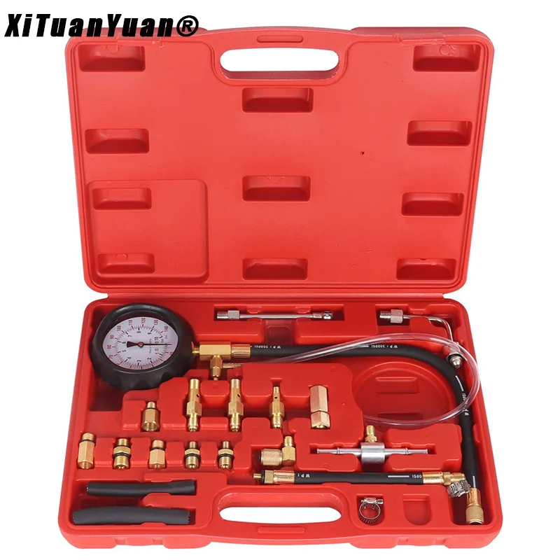 0-140PSI Fuel Injection Pump Pressure Tester Gauge Diagnostic Tools Kit,Engine Gasoline Tester Tool Set For Most of Cars(TU-114)