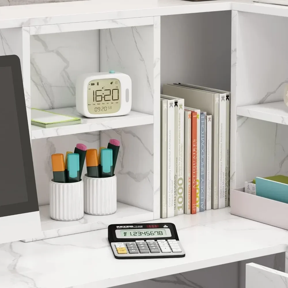 Modern Reception Desk Counter Table, L-Shap Reception Room Front Desk with Lockable Drawer & Open Shelves, Retail Counter 6
