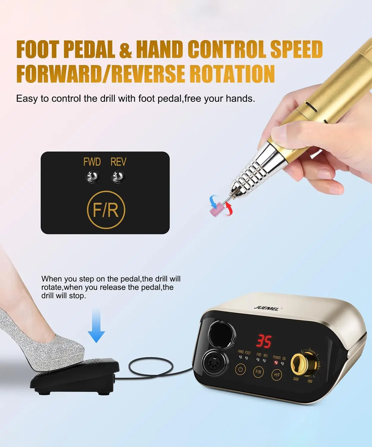 Nail Drill Machine 35000 rpm with Foot Pedal and Forward/Reverse Rotation,JUEMEL Electric Nail File for Gel Nails,Acrylic,Manicu 4