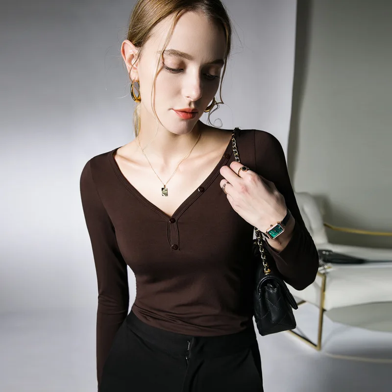 

High Quality 2024 Women Tops Elastic Force Button T-shirt Female Clothing Winter Autumn Sexy Crop Top Clothes Casual Blouse Y2k