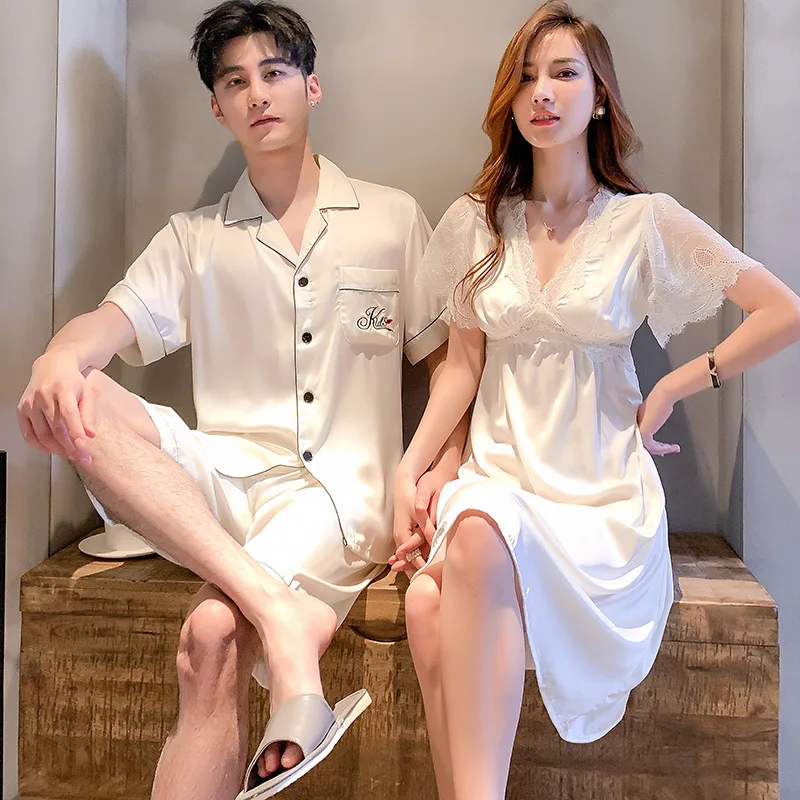 Summer Ice Silk Couples Sleepwear Women's Sexy Lace Nightdress Men's Short Pajamas V Neck Female Nightgown Male Loungewear 2023