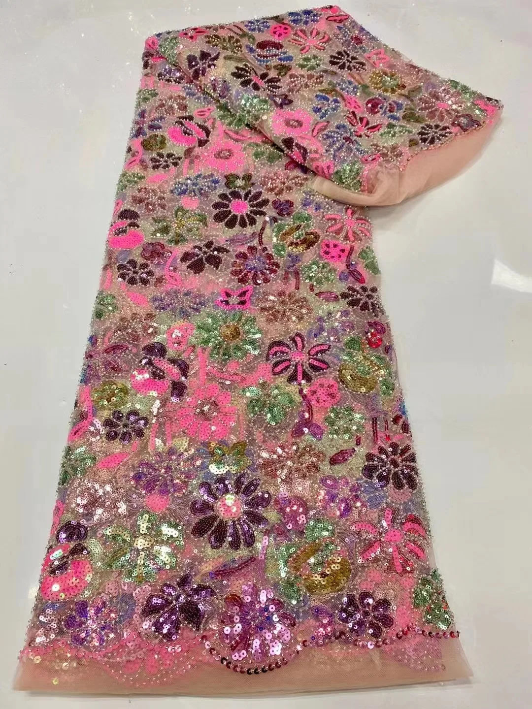 

Luxury Sequins Beads Lace Fabric Dubai Hand Beaded Tulle Lace Fabric Embroidered Applique African Fabric For Sewing Material