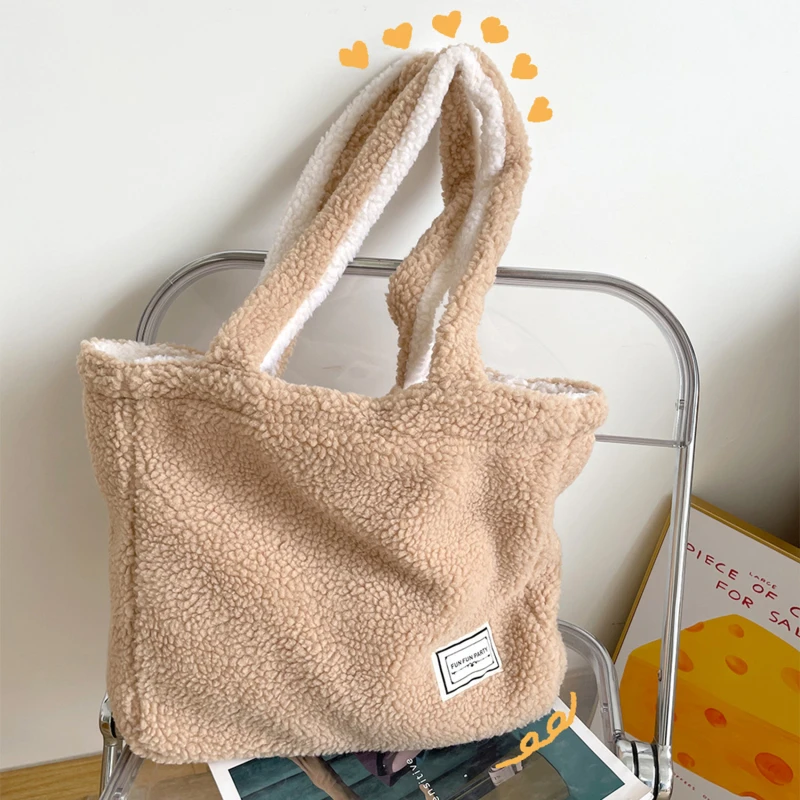 

Simple Lamb Fleece Handbag For Women Soft Plush Shoulder Bag Fluffy Tote Bags Large Capacity Shopper Bag Ladies Travel Hand Bag