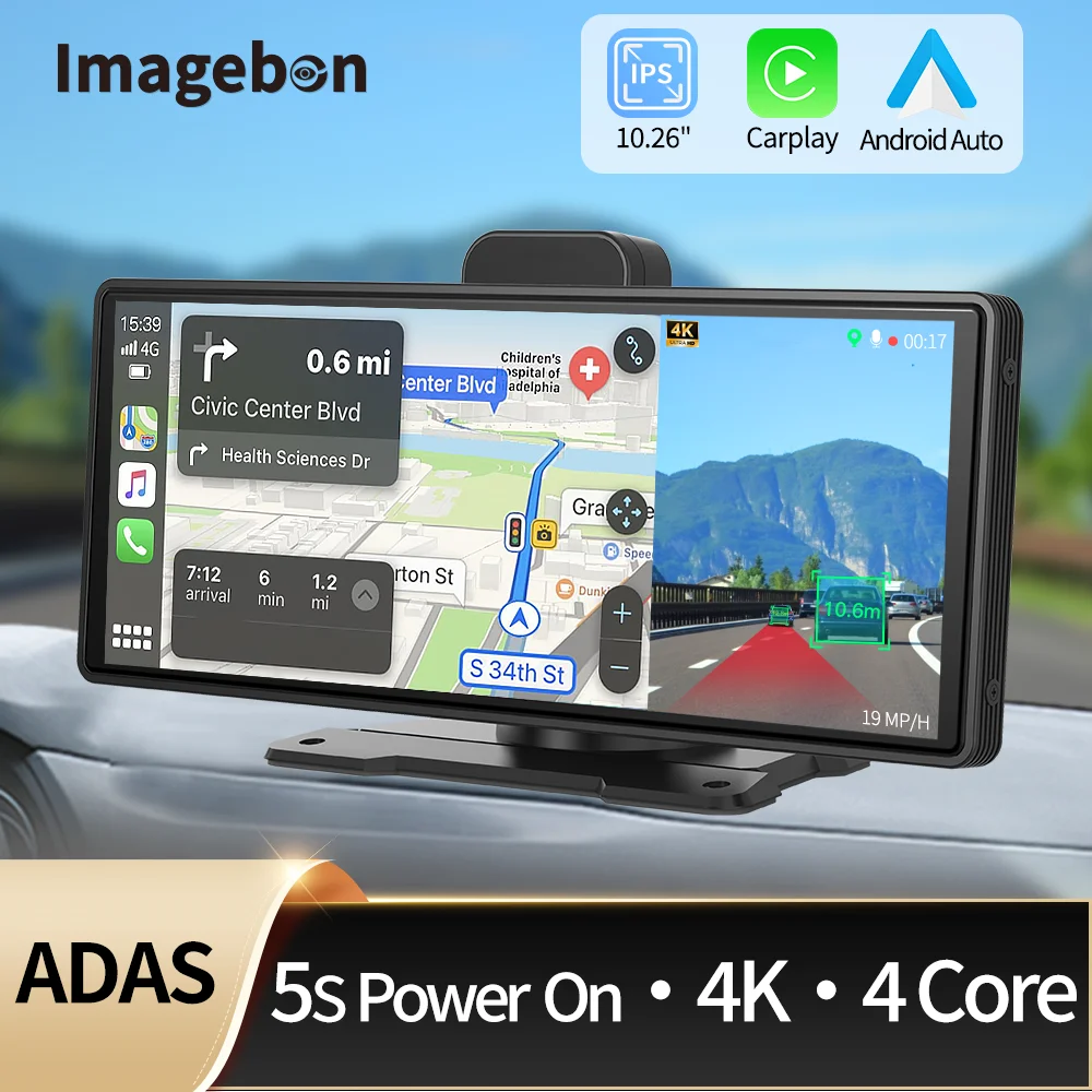 10.26" 4K Dash Cam ADAS Wireless CarPlay Android Auto Car DVR 5G WiFi GPS Navigation Rearview Camera Dashboard Video Recorder