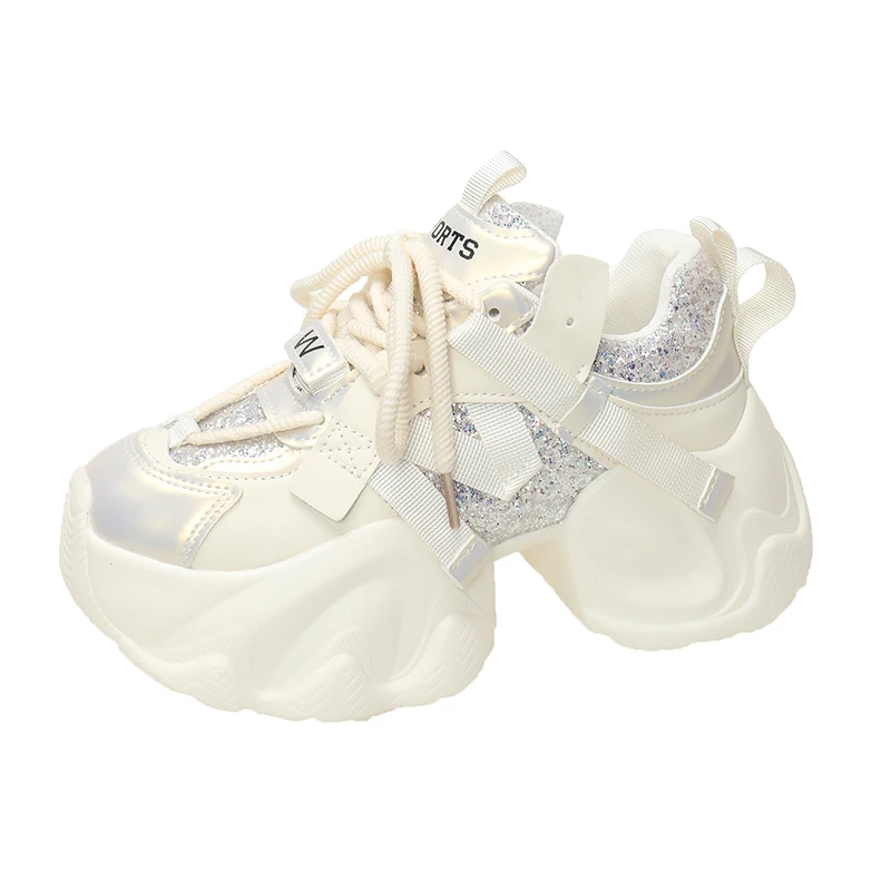 

Women Autumn Spring Chunky Sneakers Thick Bottom Leather Shoes High Platform Vulcanize Shoes Bling Casual Sports Dad Shoes 8CM