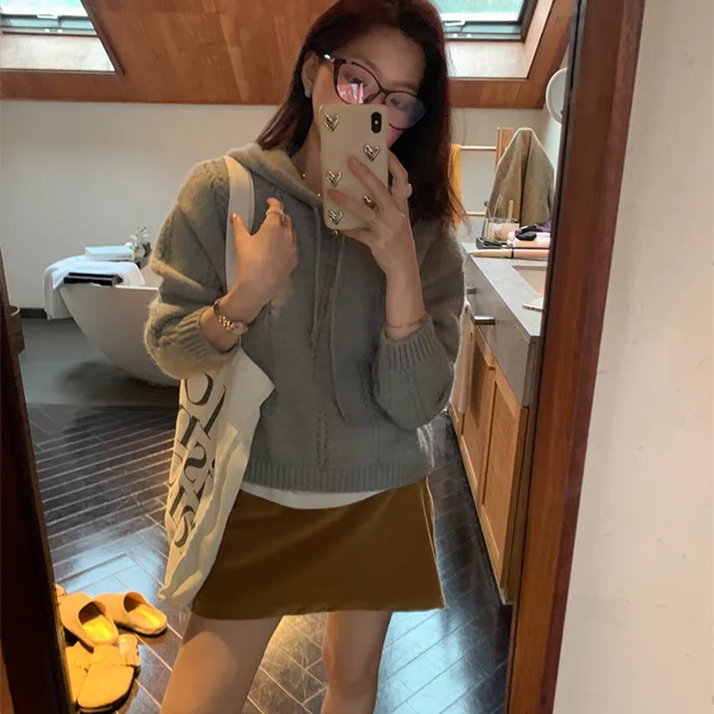 Autumn and Winter Clothes Women Loose Drawstring Hooded Sweater Fashion New Casual Knitted Office Top Knitwear