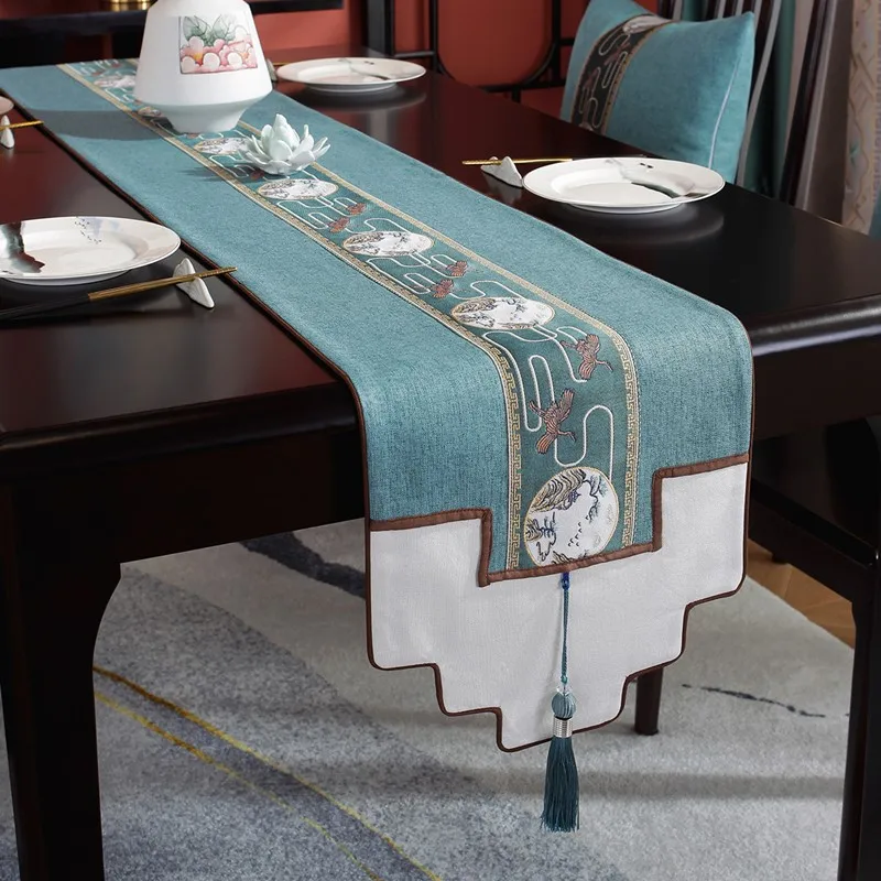 

New Chinese style retro table flag High-end table cloth and tea table cloth Table runner jacquard fringed knitting table flag