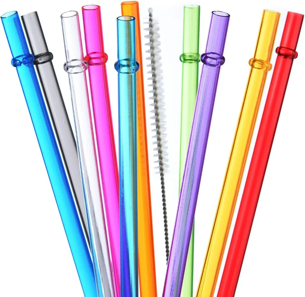 

Hot Sale Long Rainbow Colored Reusable Plastic Replacement Straws for 20 OZ 30 OZ Tumblers, Set of 10 with Cleaning Brush