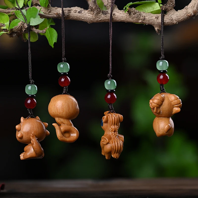 1Pcs Kreative Zwölf Sternzeichen Carving Holz Schlüsselbund Anhänger Chinesische Sternzeichen Holz Carving Telefon Kette Tasche Dekoration Geschenke – Detail 17