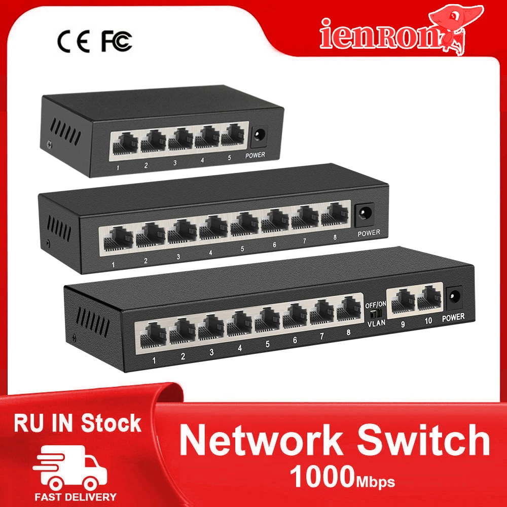 

IENRON Gigabit Switch 5/8/10 Ports 1000Mbps VLAN RJ45 Hub Smart Ethernet Metal Switcher IEEE802.3at/af for IP Camera/WiFi Router