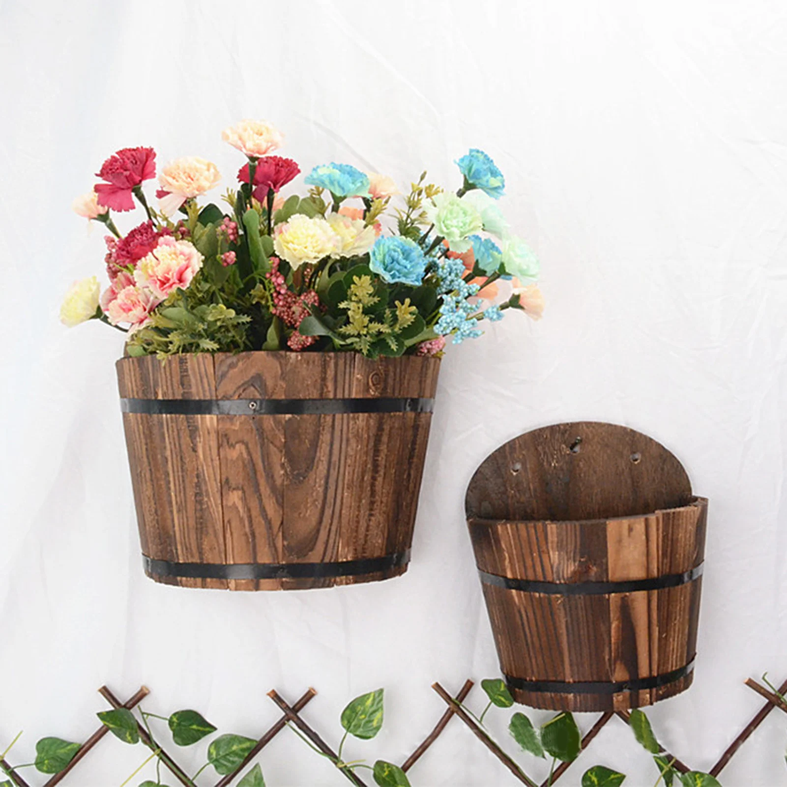 Wooden Bucket Planter Wall Mount Barrel Planter Rustic Patio Plant