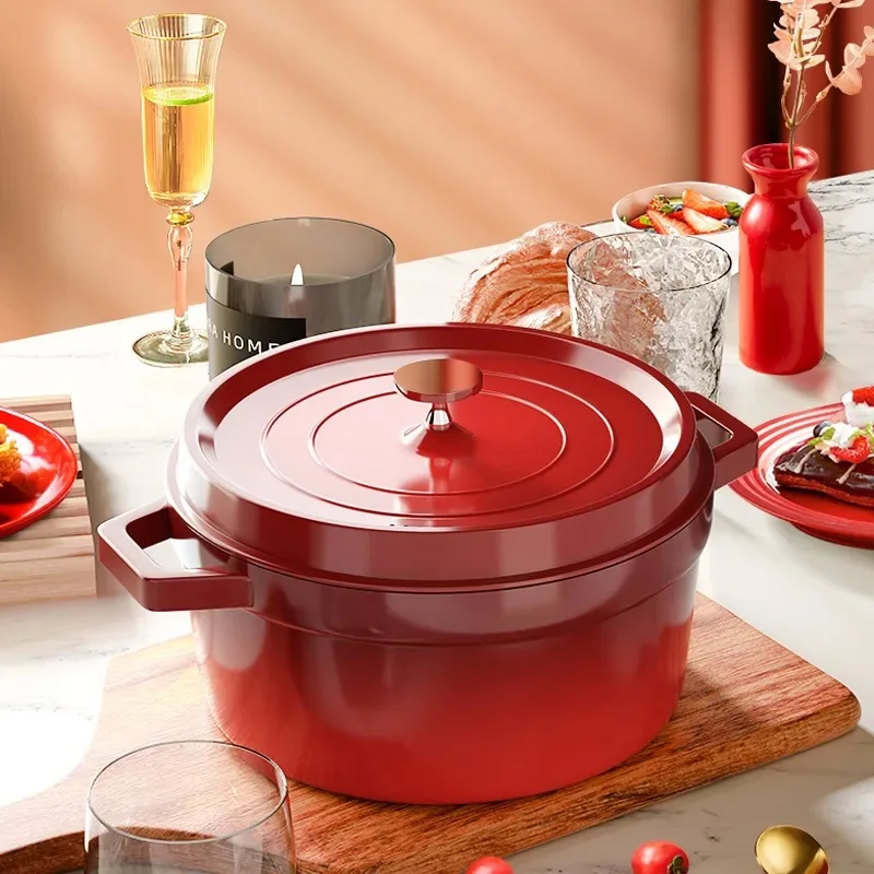 

Enameled Cast Aluminum Dutch Oven With Lid 4.7L Nonstick Pan Cast Iron Casserole Dish Enamel Coating For All Heat Source 9.5Inch