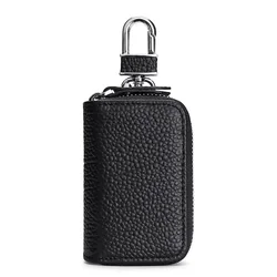 Premium Genuine Leather Double Zipper Car Key Pouch and Wallet Organizer (Black)