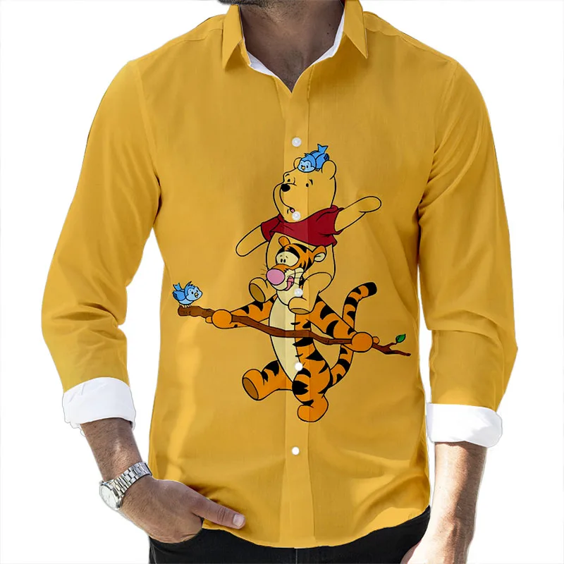 New Fall 2022 Disney Winnie the Pooh Collection Branded Cartoon Casual 3D Printed Long Sleeve Lapel Shirt Slim Fit Men's Top triol disney winnie the pooh игрушка для собак хрюня