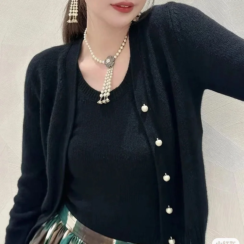 

Women High Quality Pure Cashmere Cardigan Vest Set Pearl Single Breasted V-neck Sweater Lazy Sleeveless Fashion Top Black Grey