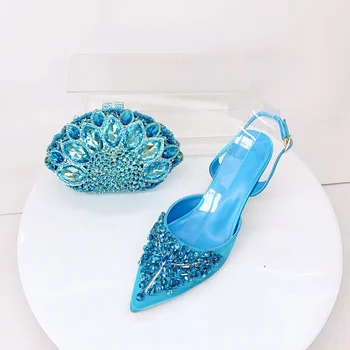 INSIGHTLINK Sandali con tacco alto con strass blu cielo/verde/oro/viola con pochette per set di scarpe e borse da donna per la festa nuziale 1