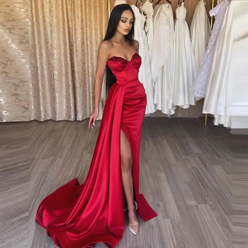 

Wine Red Beadings Mermaid Evening Dresses Off Shoulder Africa Side Slit Bodycon Celebrity Prom Dress Dubai Pleated Formal Gown