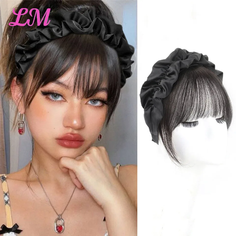 Synthetic Fake Bangs Hair Neat Fringe Bands With Double Row Braids Headband Heat Resistant Bangs In Hair Extensions Hairpiece