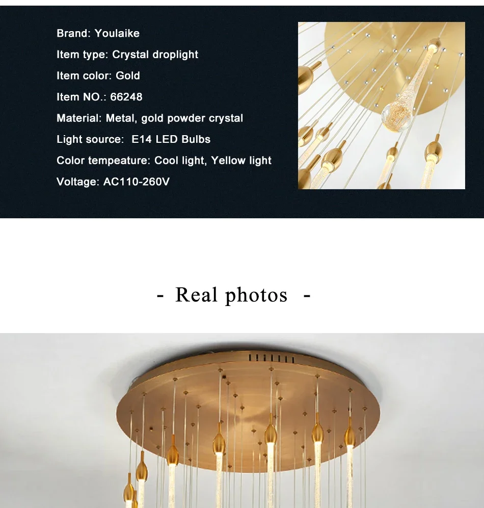 Description Picture 6 of itemModern Minimalist Villa  Meteor Shower Crystal Hanging Lamp Kitchen Living Room Staircase LED Long Chandelier Home Decor Light