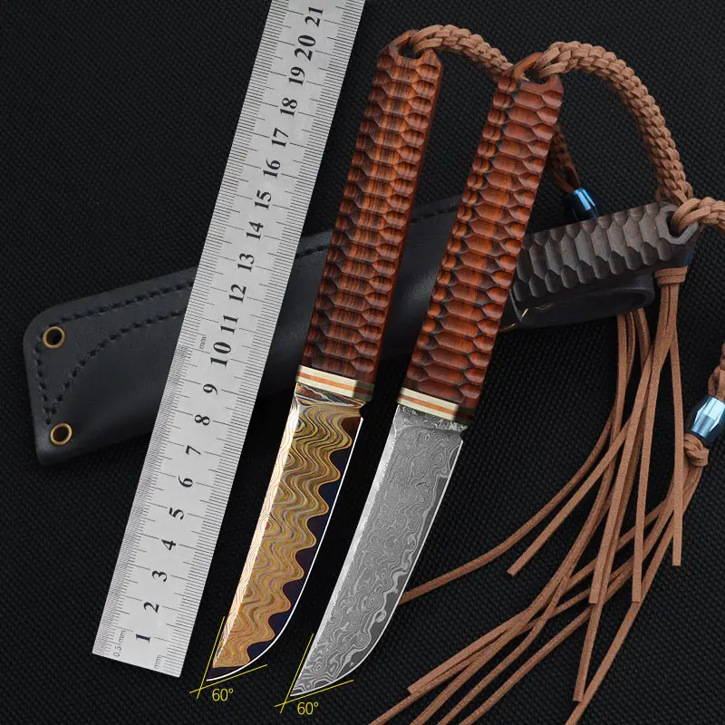 

ZHD0401 Damascus Steel Straight Knife Clamp Steel VG10 Blade Rosewood Handle Outdoor Survival Camping Sharp Fruit Knife Portable
