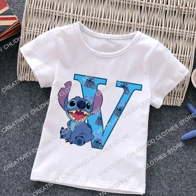 thumbnail image 1 of Camiseta de algodón para niños con letras ABCD y puntada blanca, camiseta con combinación de nombres para bebé, camiseta de dibujos animados Kawaii para niño y niña, top informal estilo Harajuku, 1 of 5