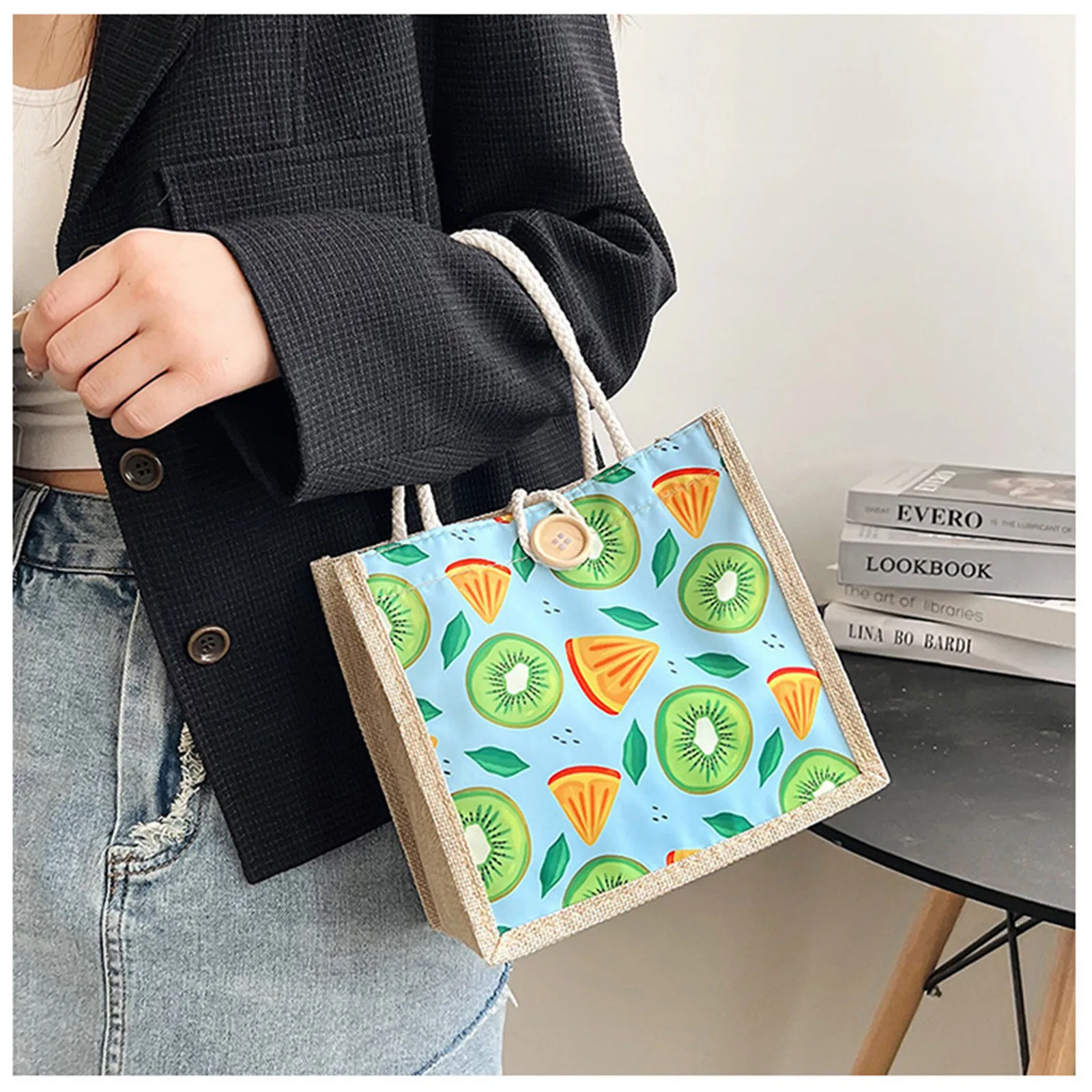Linen Button Vintage Handbag Women Tote Large Capacity Grocery Gift Bag Beach Organizer Portable Shopping Lunch Bag Fruit Print