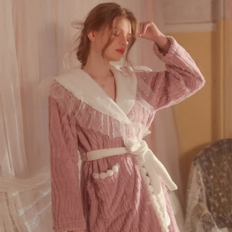 New Sexy Velour Robes for Women Sweet Cute Lace-up Bathrobe Fall and Winter Casual Outer Robe Women Casual Homewear Sleepwear