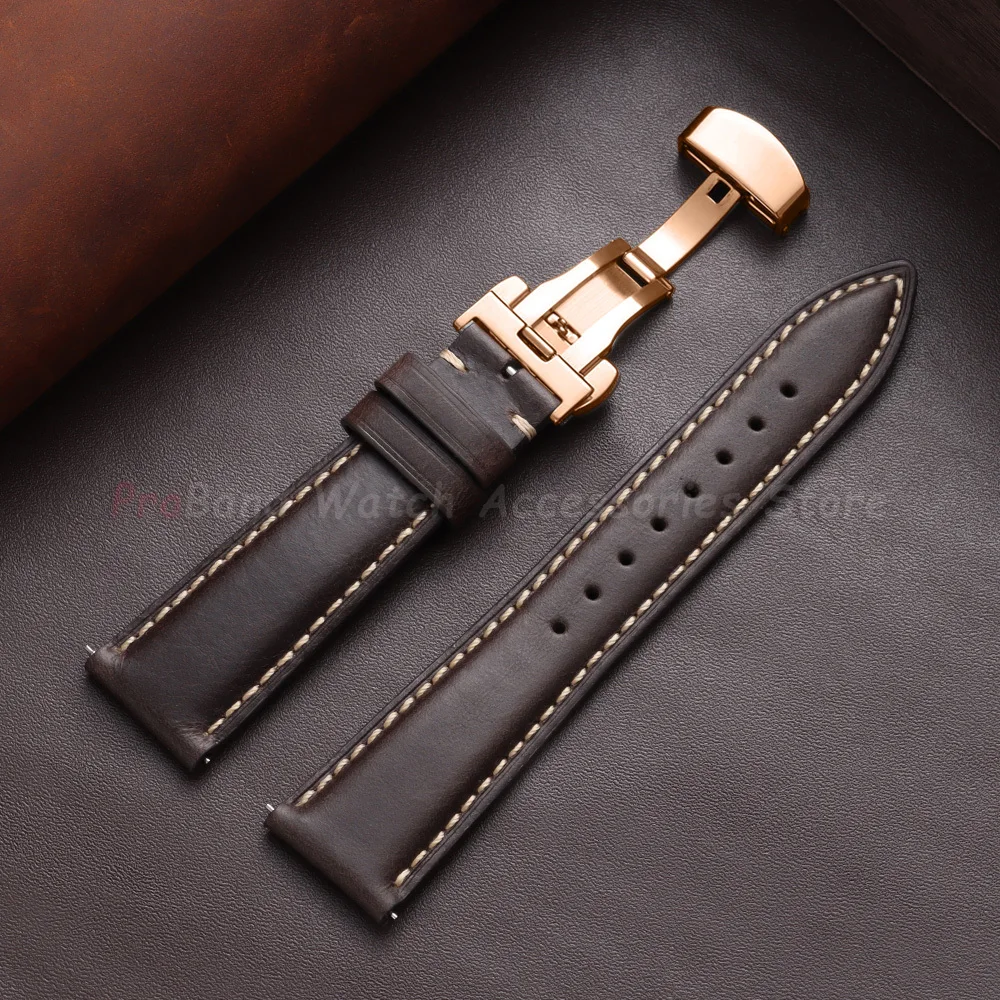 Vintage Brown Oil Wax Leather Watch Strap with Butterfly Buckle - Men's Accessory