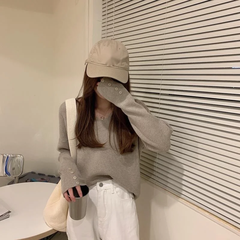 Autumn/Winter Korean loose V-neck long sleeved pullover knit sweater_voghion.com