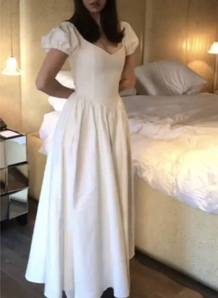 

OLOEY Vintage A Line White Evening Party Dresses Korea Short Sleeves Ankle Length Prom Gowns Wedding Bride Photoshoot