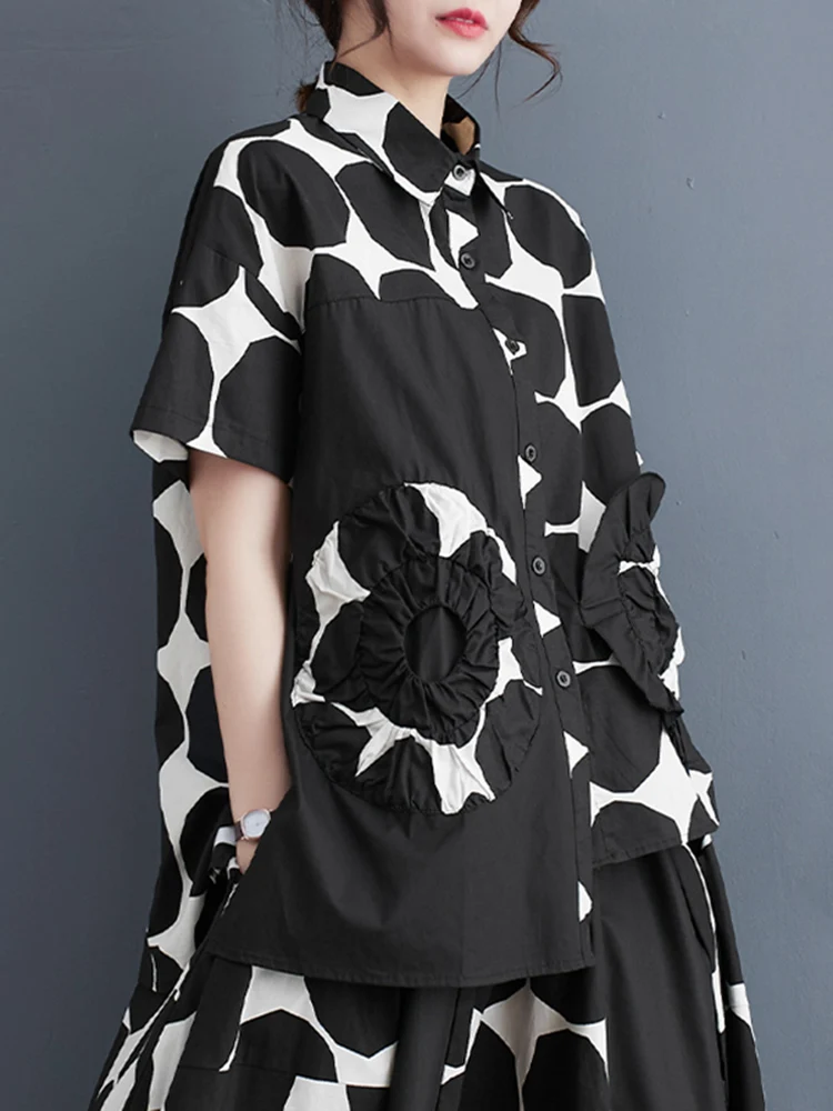 Irregular Polka Dot Print Spliced Vintage Shirt Women Short Sleeve Loose Casual Blouse Top Fashion Clothing New Summer 2025