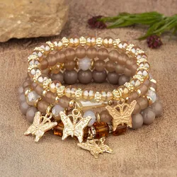 Elegant Bohemian Butterfly Beaded Bracelet Set - Pink Acrylic Beads and Elastic Chain Bangle (5)