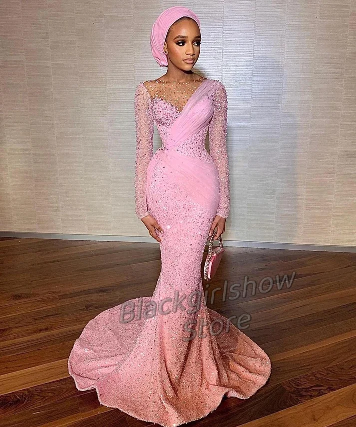 

African Pink Prom Dress 2024 For Women Glitter Sequins Mermaid Evening Beads Sheer Neck Long Sleeve Dresses for special events